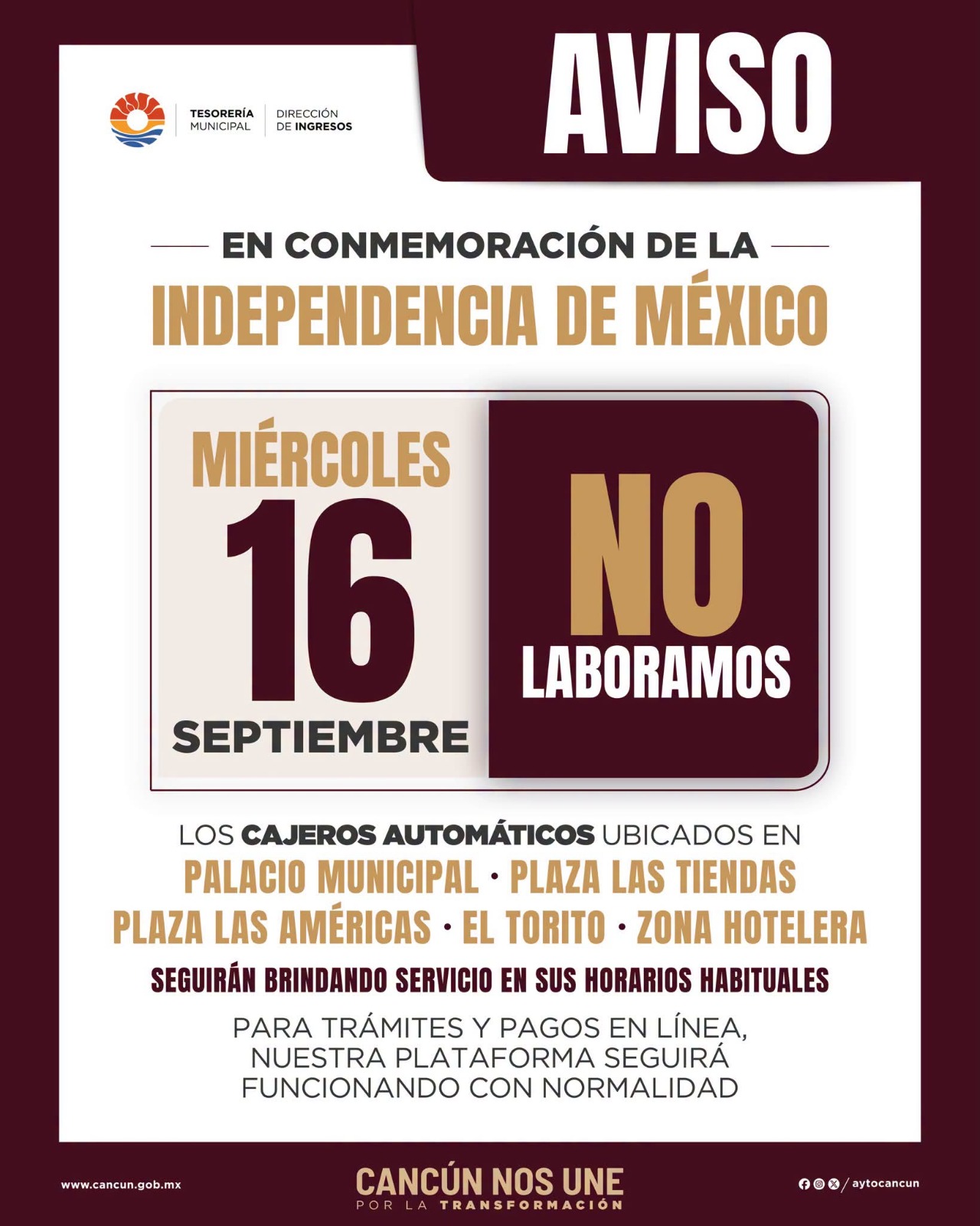Ayuntamiento de Cancún cierra cajas de pago el 16 de septiembre